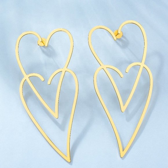 NEW Double Heart 18K Gold Stainless Steel Earring - Picture 4 of 4